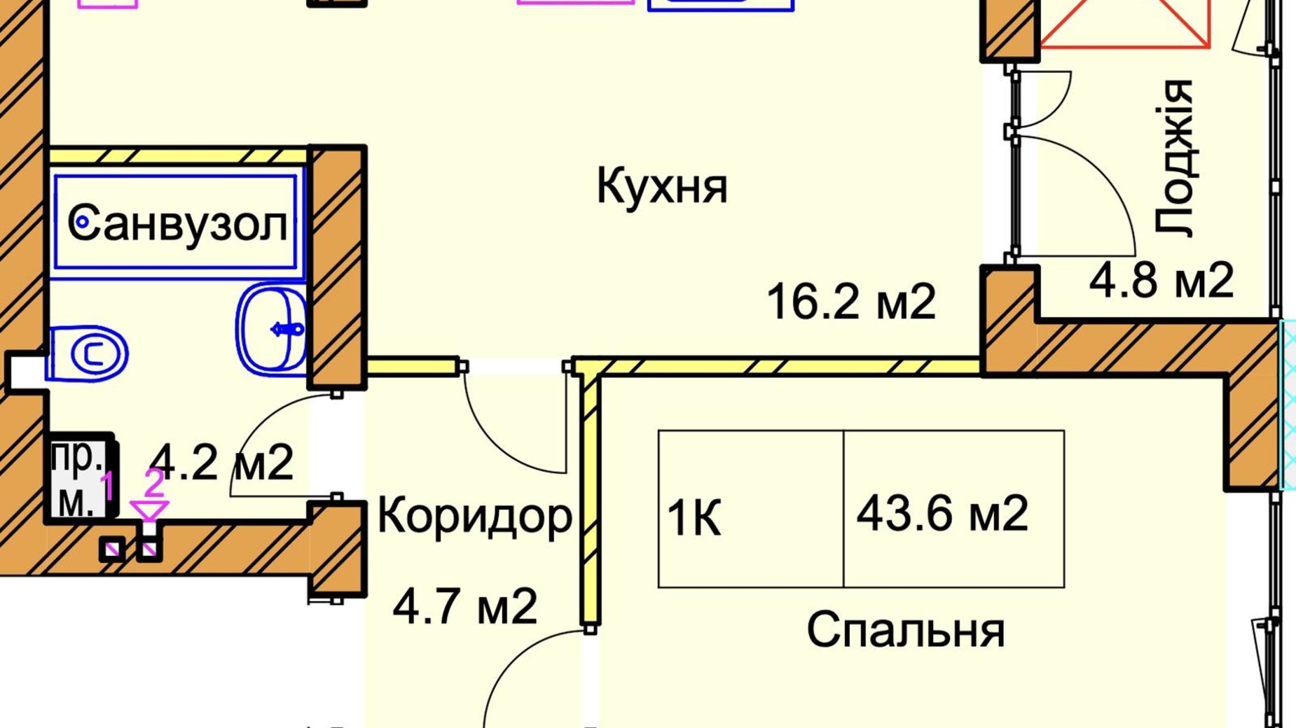 Планировка 1-комнатной квартиры в ЖК Panorama de Luxe 43.7 м², фото 640803