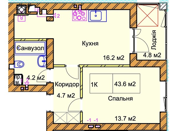 ЖК Panorama de Luxe: планировка 1-комнатной квартиры 43.6 м²