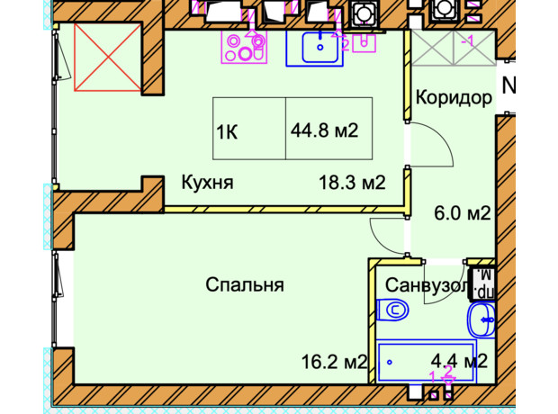 ЖК Panorama de Luxe: планування 1-кімнатної квартири 44.8 м²