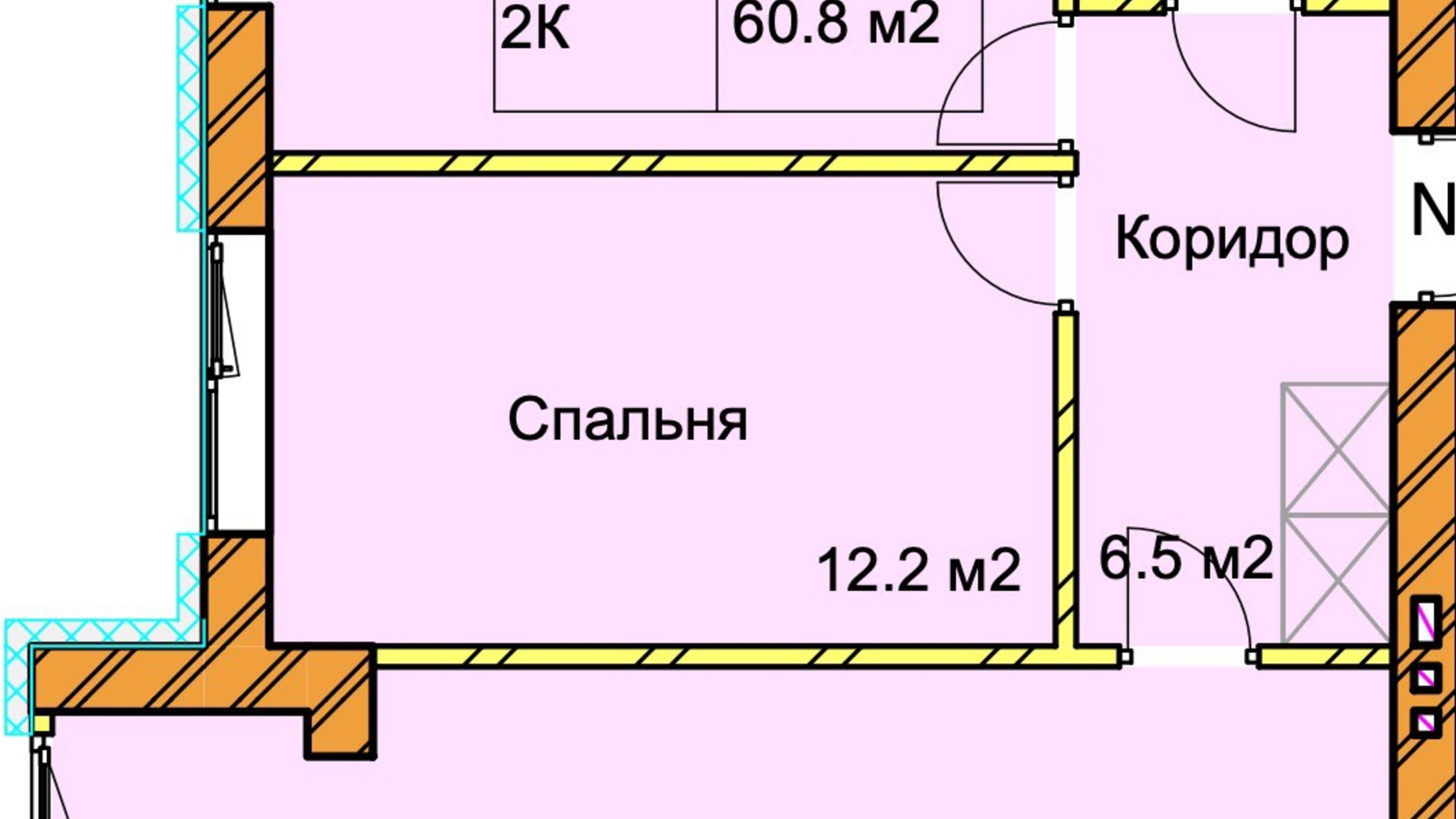 Планування 2-кімнатної квартири в ЖК Panorama de Luxe 60.8 м², фото 640807