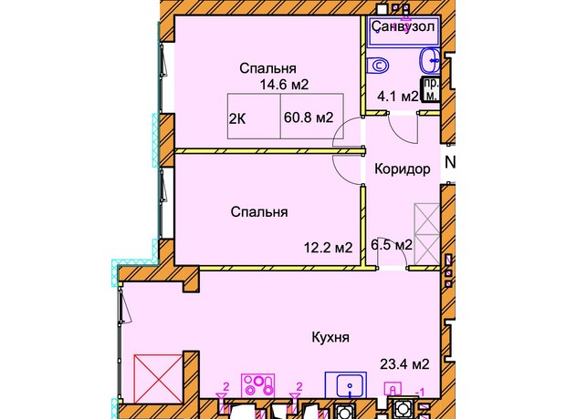 ЖК Panorama de Luxe: планування 2-кімнатної квартири 60.8 м²