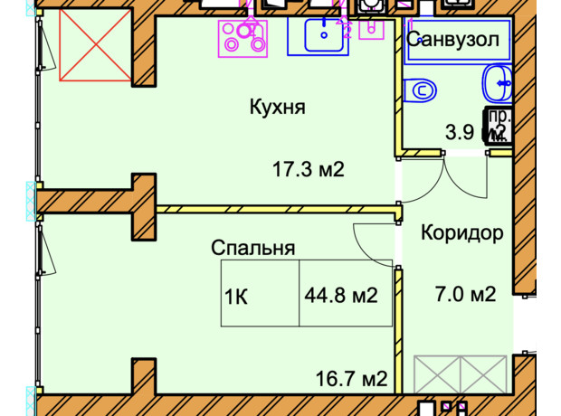 ЖК Panorama de Luxe: планування 1-кімнатної квартири 44.8 м²