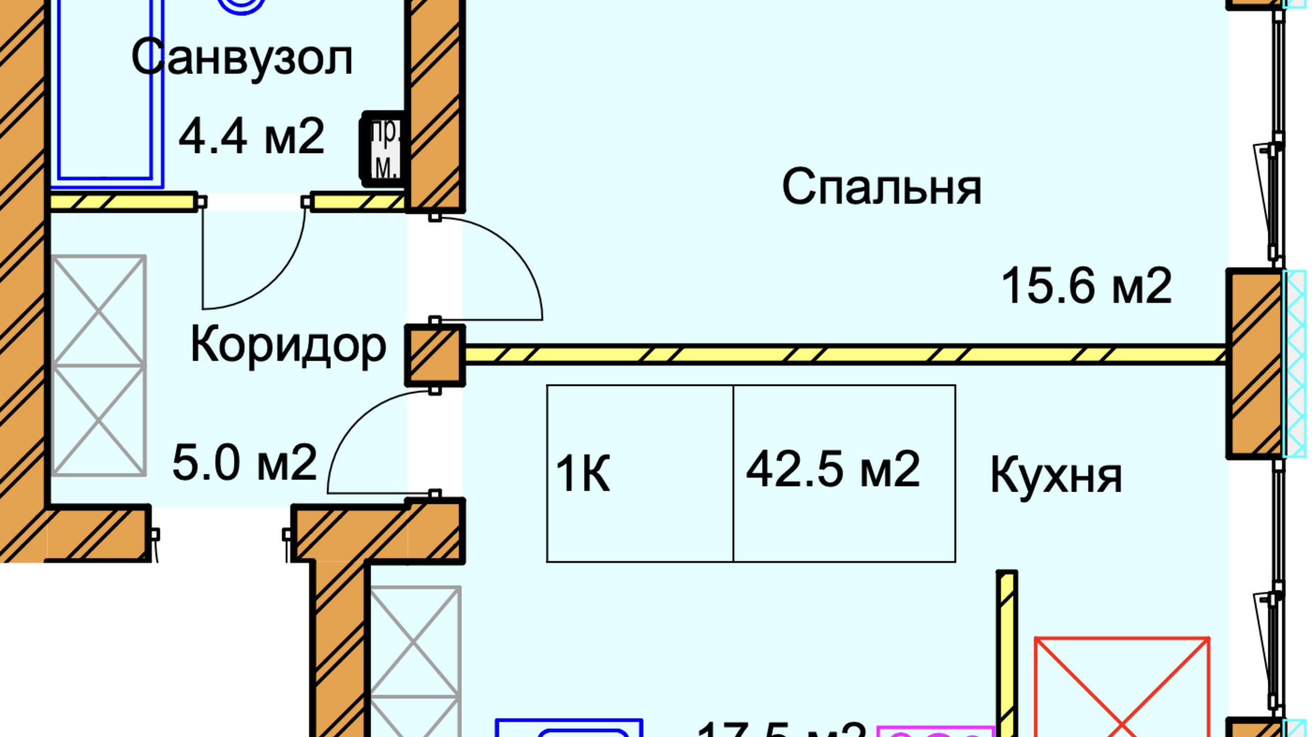 Планировка 1-комнатной квартиры в ЖК Panorama de Luxe 42.6 м², фото 640839