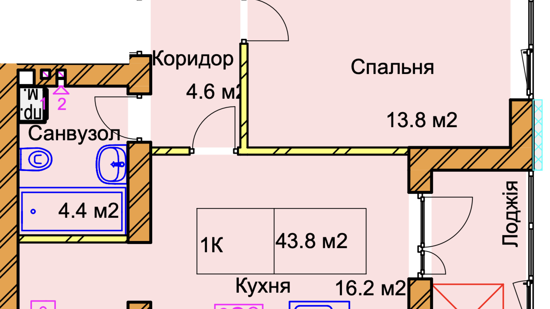 Планування 1-кімнатної квартири в ЖК Panorama de Luxe 43.6 м², фото 640840