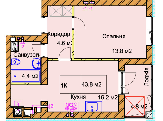 ЖК Panorama de Luxe: планировка 1-комнатной квартиры 43.6 м²