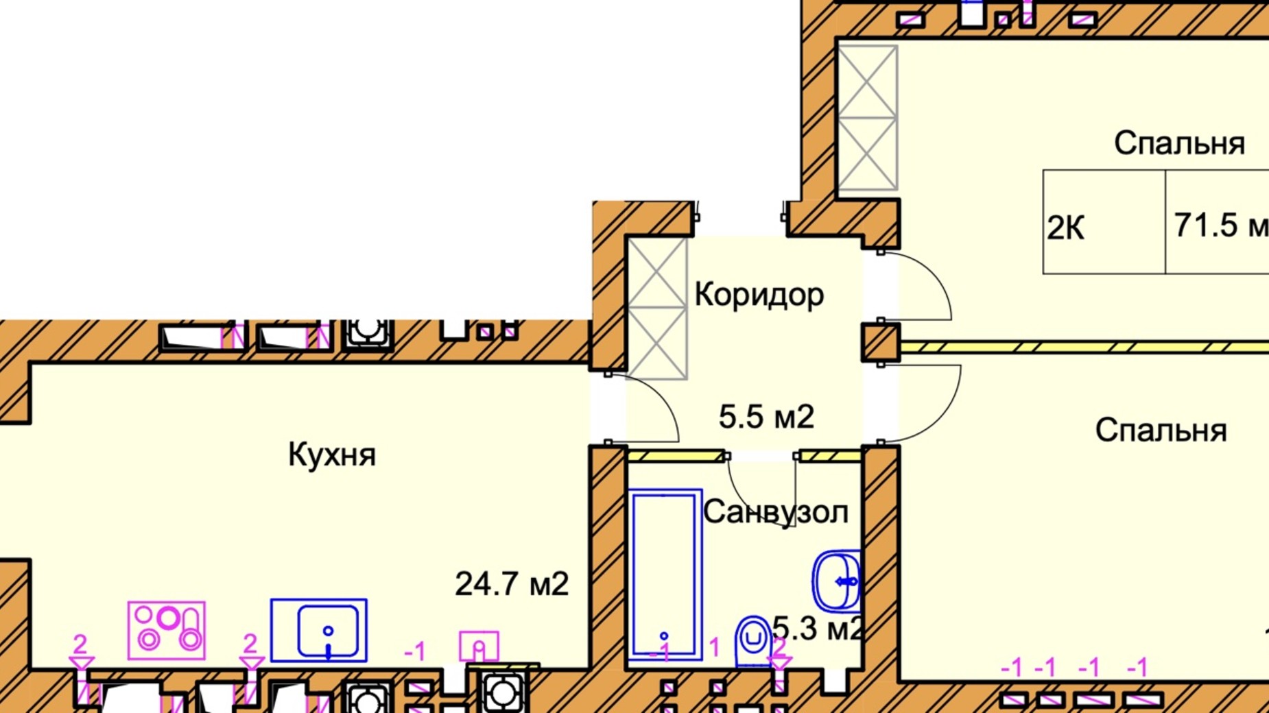 Планування 2-кімнатної квартири в ЖК Panorama de Luxe 71.5 м², фото 640841