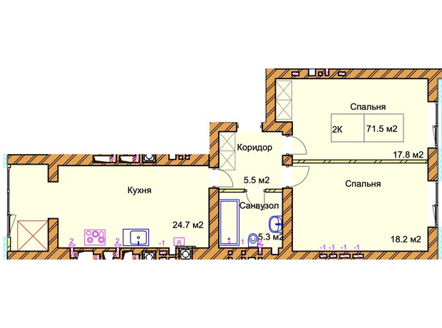 ЖК Panorama de Luxe: планування 2-кімнатної квартири 71.5 м²