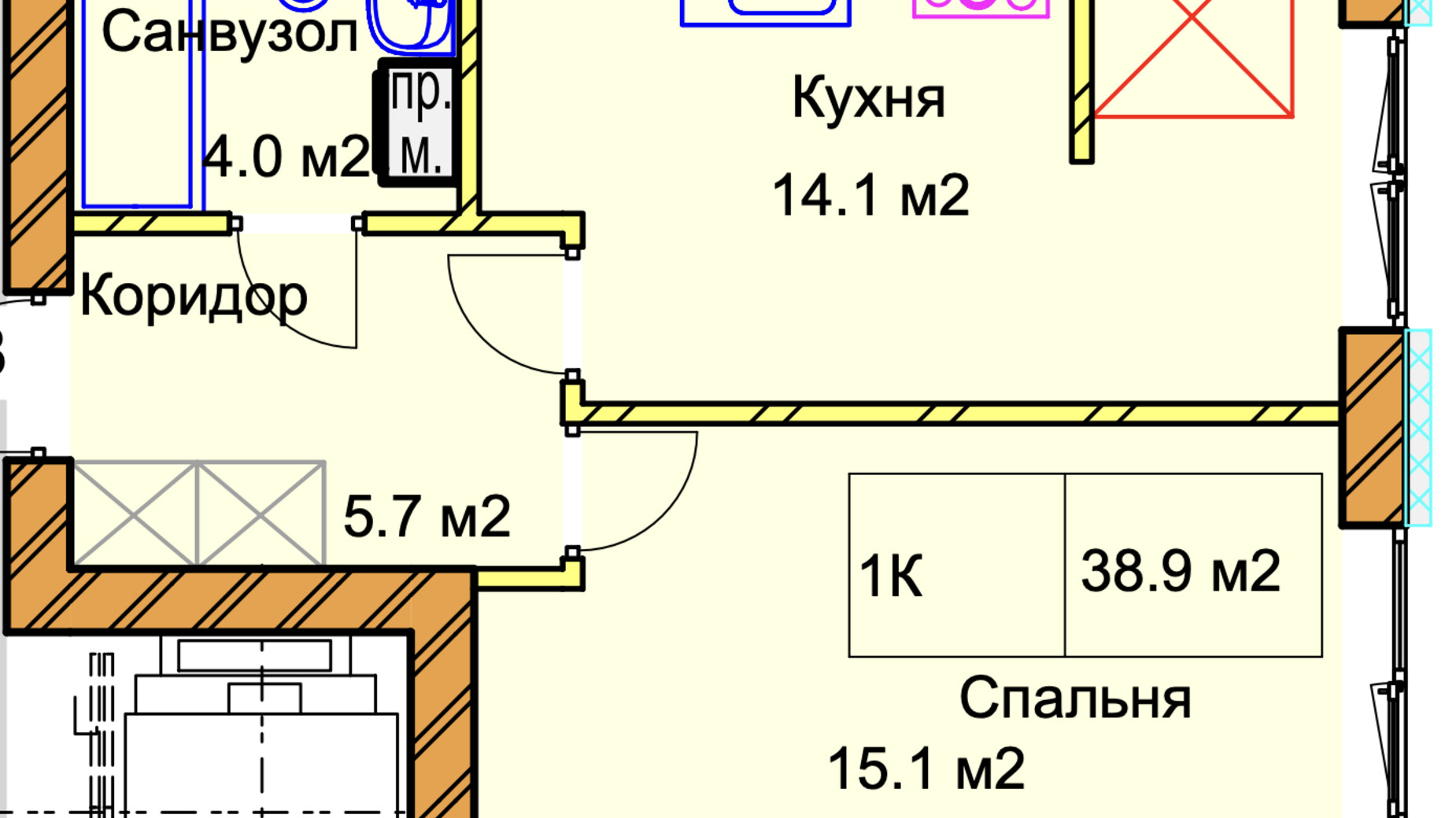 Планування 1-кімнатної квартири в ЖК Panorama de Luxe 38.9 м², фото 640844