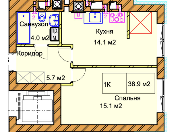 ЖК Panorama de Luxe: планування 1-кімнатної квартири 38.9 м²