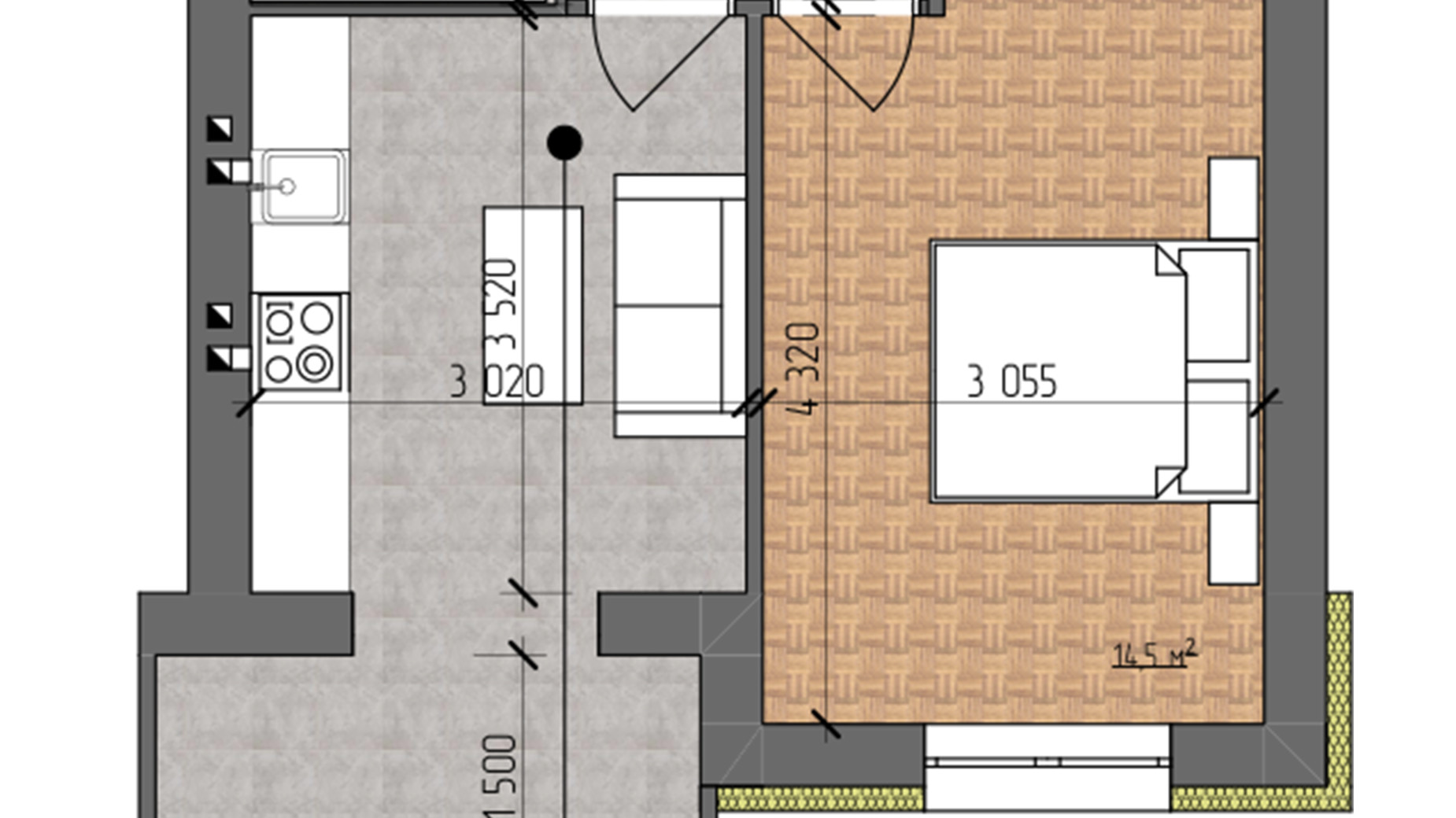 Планировка 1-комнатной квартиры в ЖК Nova Koreя 41.1 м², фото 640906
