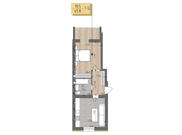ЖК Nova Koreя: планування 1-кімнатної квартири 45.8 м²