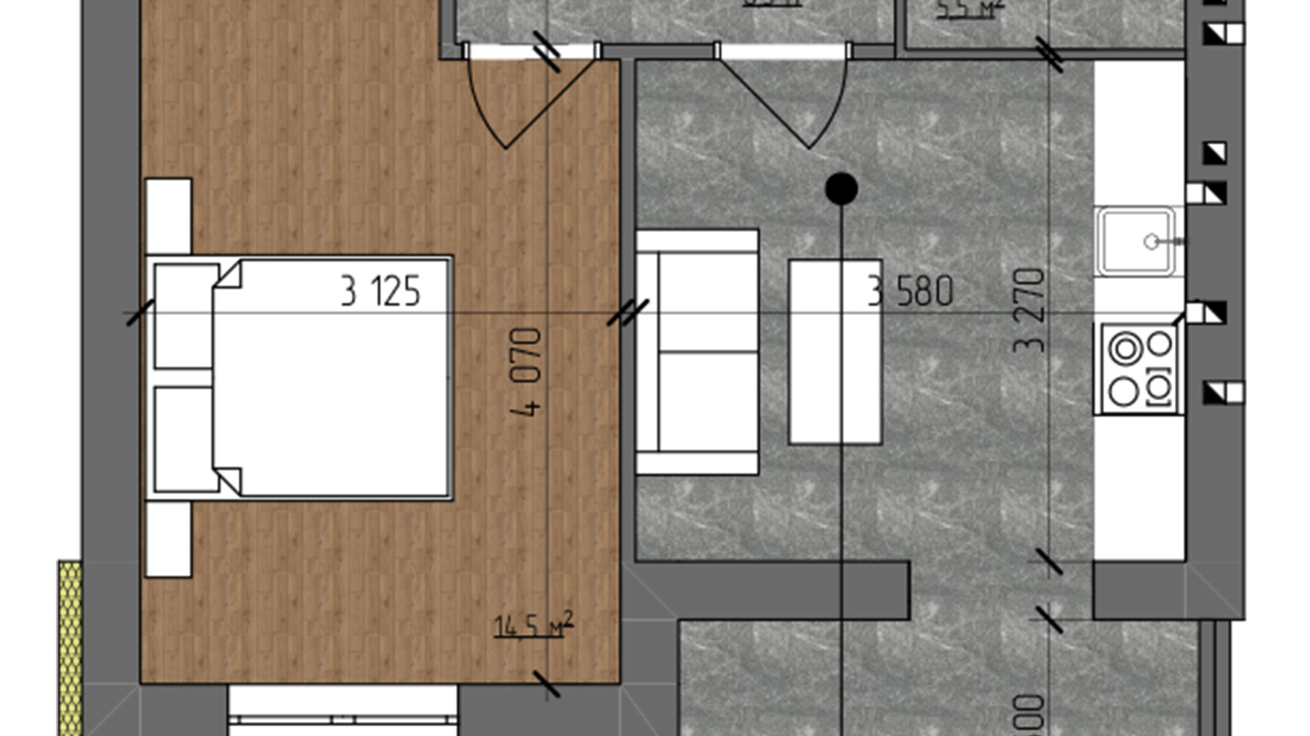 Планування 1-кімнатної квартири в ЖК Nova Koreя 45.3 м², фото 640913