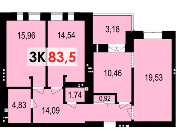 ЖК Квартал Краковский: планировка 3-комнатной квартиры 83.5 м²