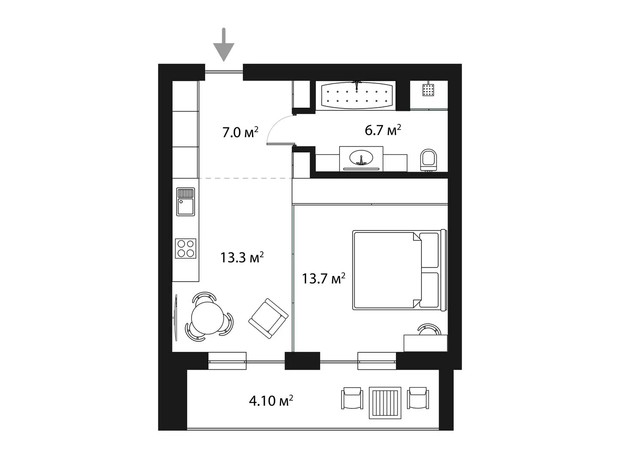 ЖК River Land: планування 1-кімнатної квартири 44.8 м²