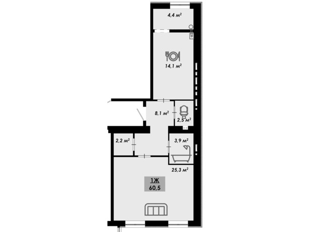 ЖК Родной дом: планировка 1-комнатной квартиры 60.5 м²