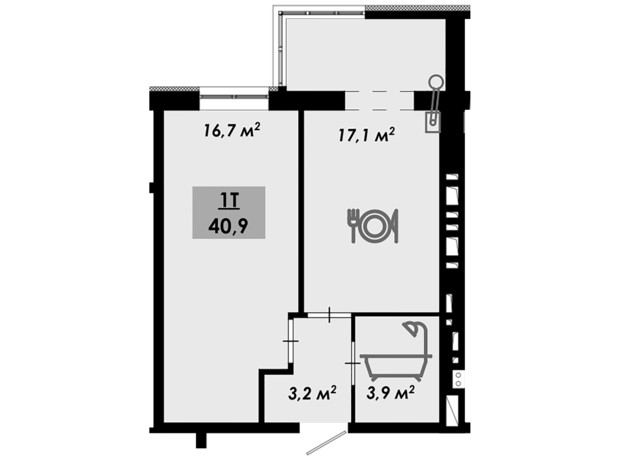 ЖК Родной дом: планировка 1-комнатной квартиры 40.9 м²