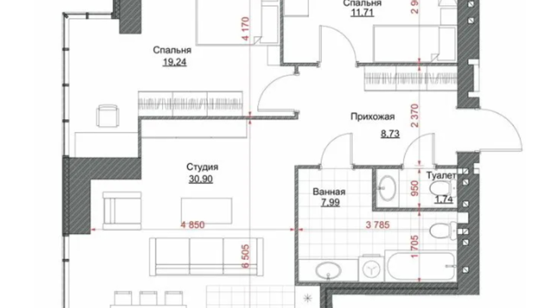 Планування 2-кімнатної квартири в ЖК Oasis 87 м², фото 641639