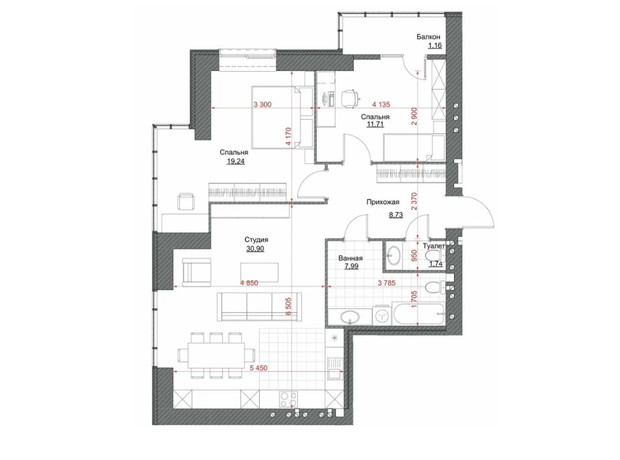 ЖК Oasis: планировка 2-комнатной квартиры 87 м²