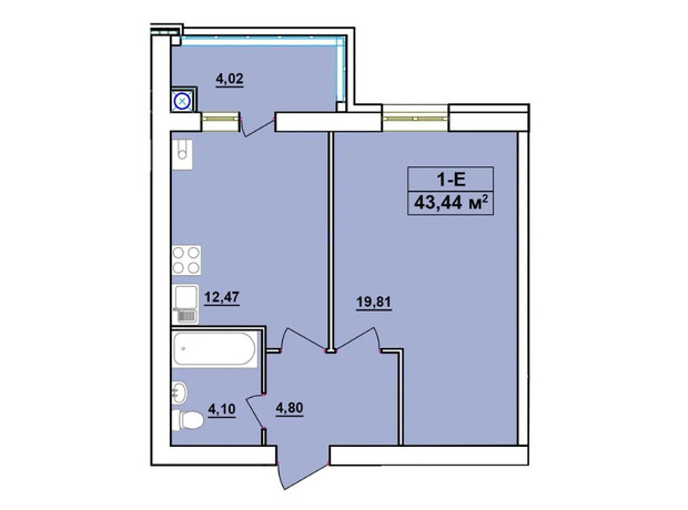 ЖК Комфортный: планировка 1-комнатной квартиры 43.44 м²