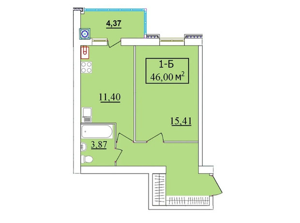 ЖК Комфортный: планировка 1-комнатной квартиры 46.1 м²