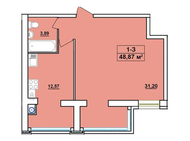 ЖК Комфортный: планировка 1-комнатной квартиры 48.87 м²