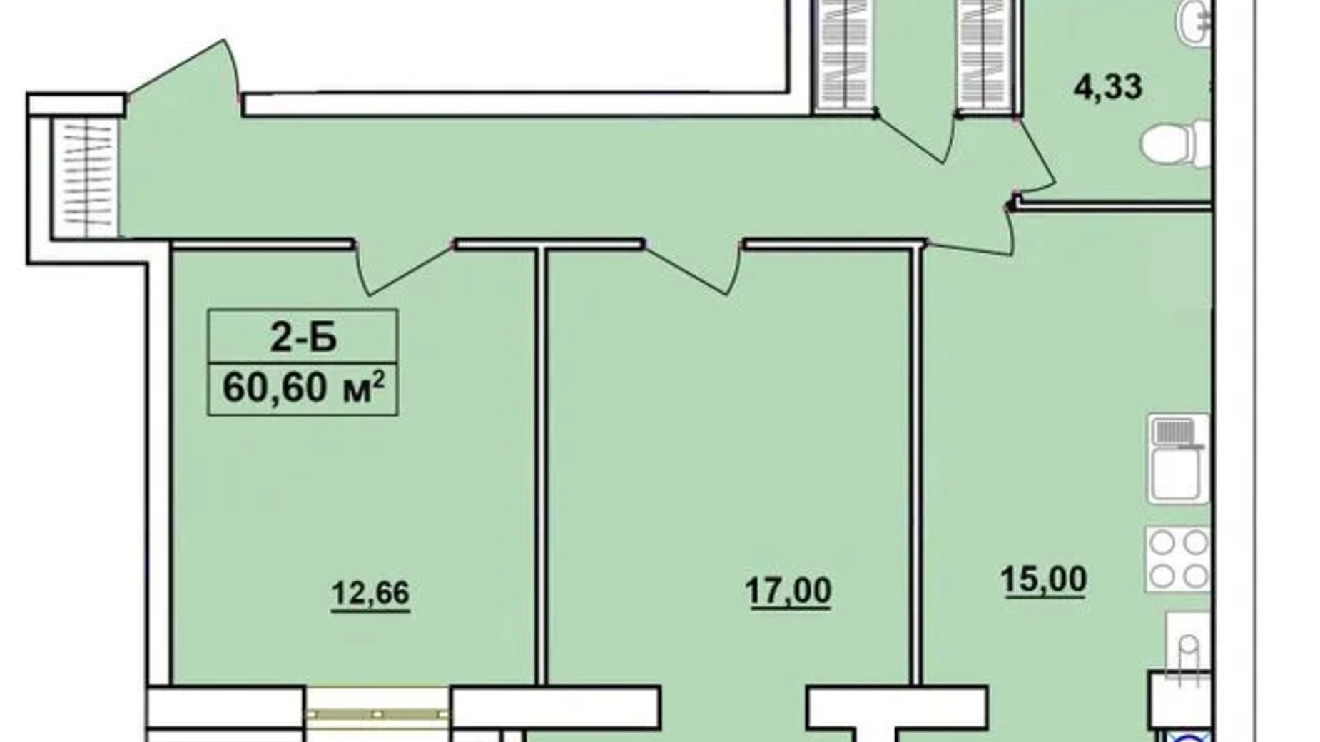 Планировка 2-комнатной квартиры в ЖК Комфортный 60.6 м², фото 641656