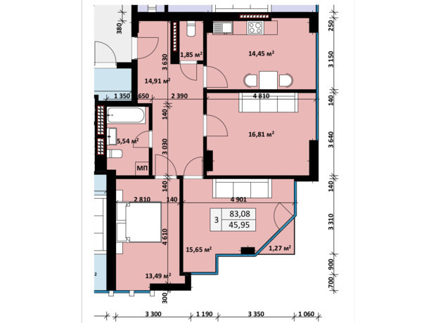 ЖК Uzh Towers: планування 3-кімнатної квартири 83.08 м²