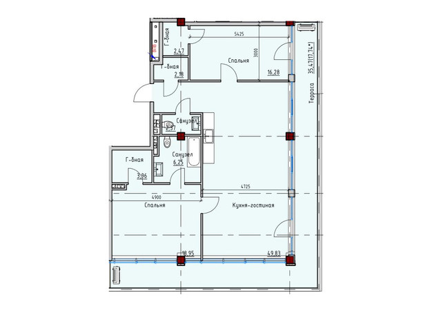 ЖК Пространство на Софиевской: планировка 2-комнатной квартиры 117.04 м²