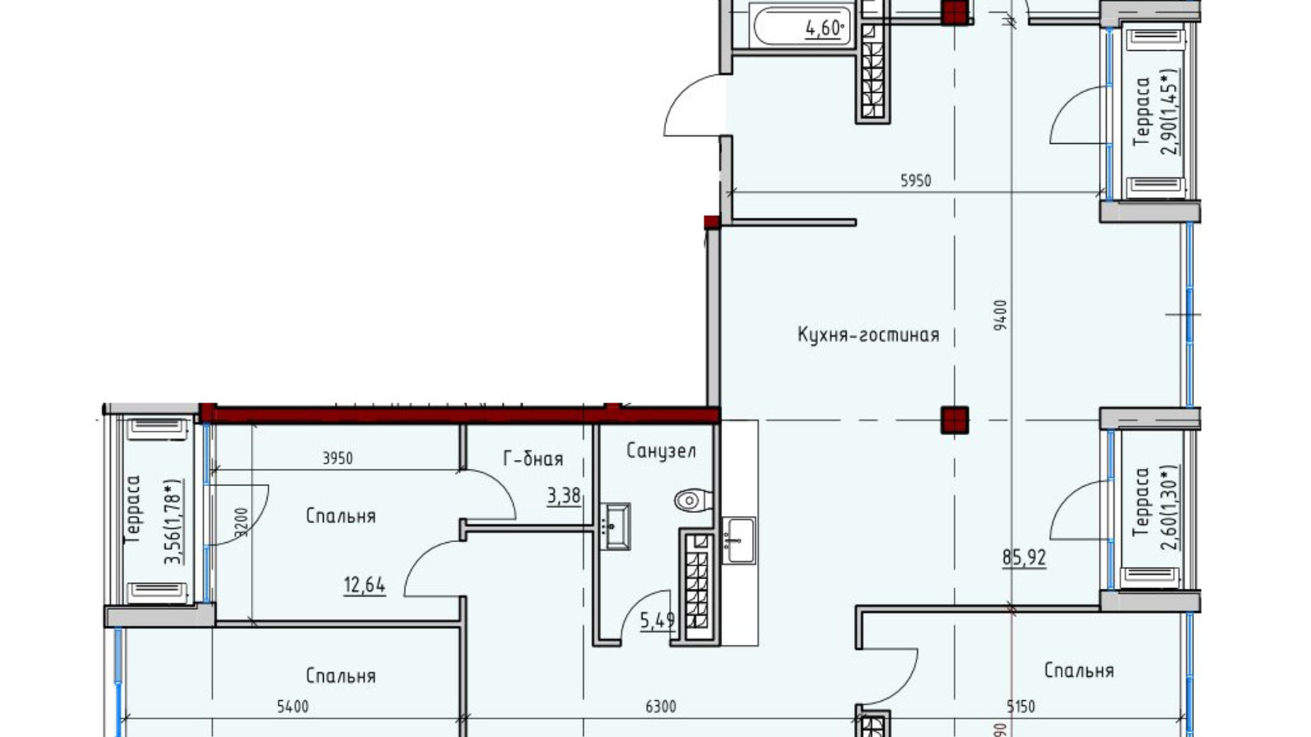 Планування 3-кімнатної квартири в ЖК Пространство на Софіївській 174.85 м², фото 641776