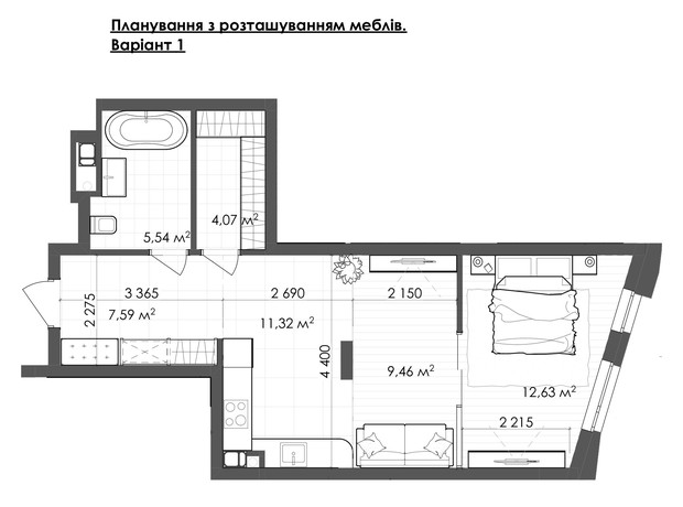 ЖК Krauss Gallery: планировка 1-комнатной квартиры 50.61 м²