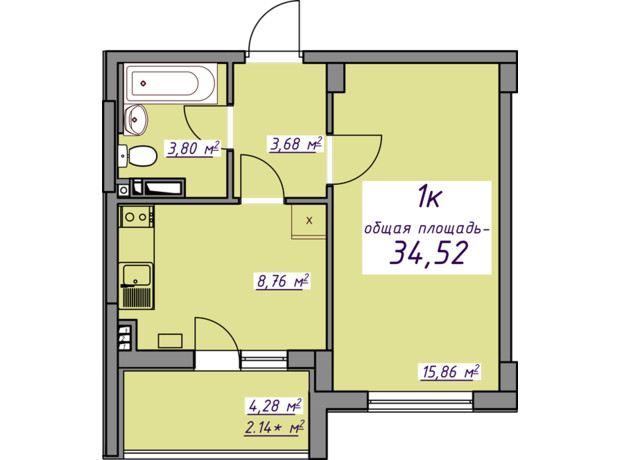 ЖК Сьоме небо: планування 1-кімнатної квартири 34.52 м²