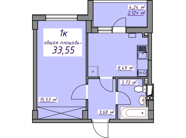 ЖК Седьмое небо: планировка 1-комнатной квартиры 33.5 м²