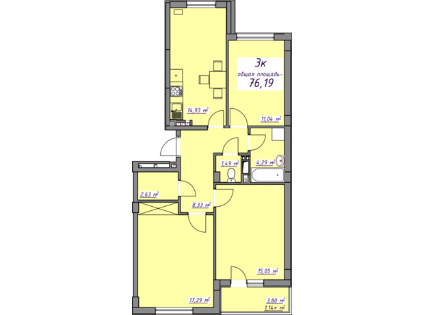 ЖК Сьоме небо: планування 3-кімнатної квартири 76.19 м²