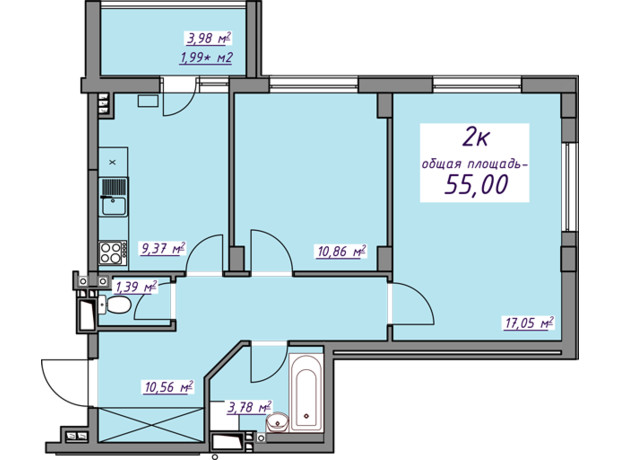 ЖК Седьмое небо: планировка 2-комнатной квартиры 55 м²