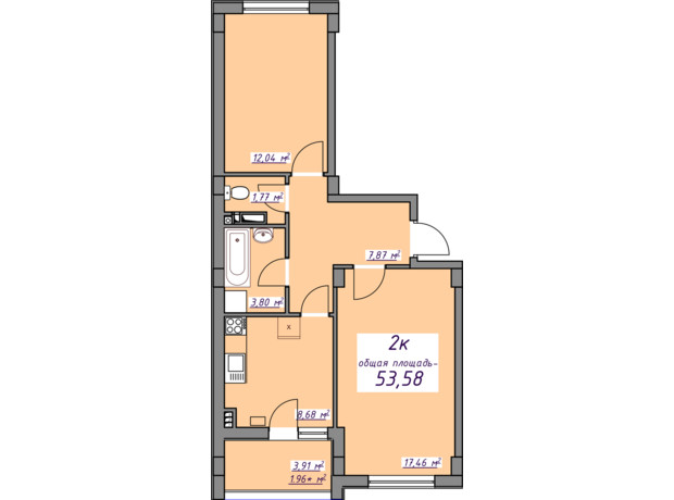 ЖК Седьмое небо: планировка 2-комнатной квартиры 53.71 м²