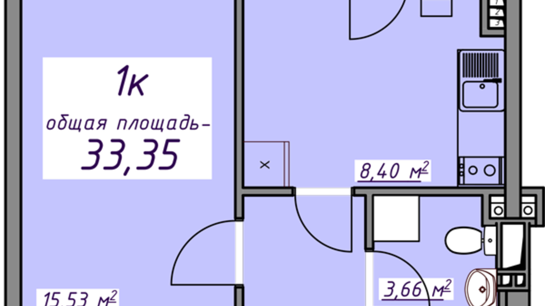 Планування 1-кімнатної квартири в ЖК Сьоме небо 33.5 м², фото 642056