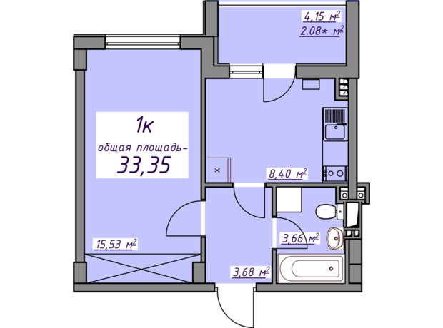 ЖК Седьмое небо: планировка 1-комнатной квартиры 33.5 м²