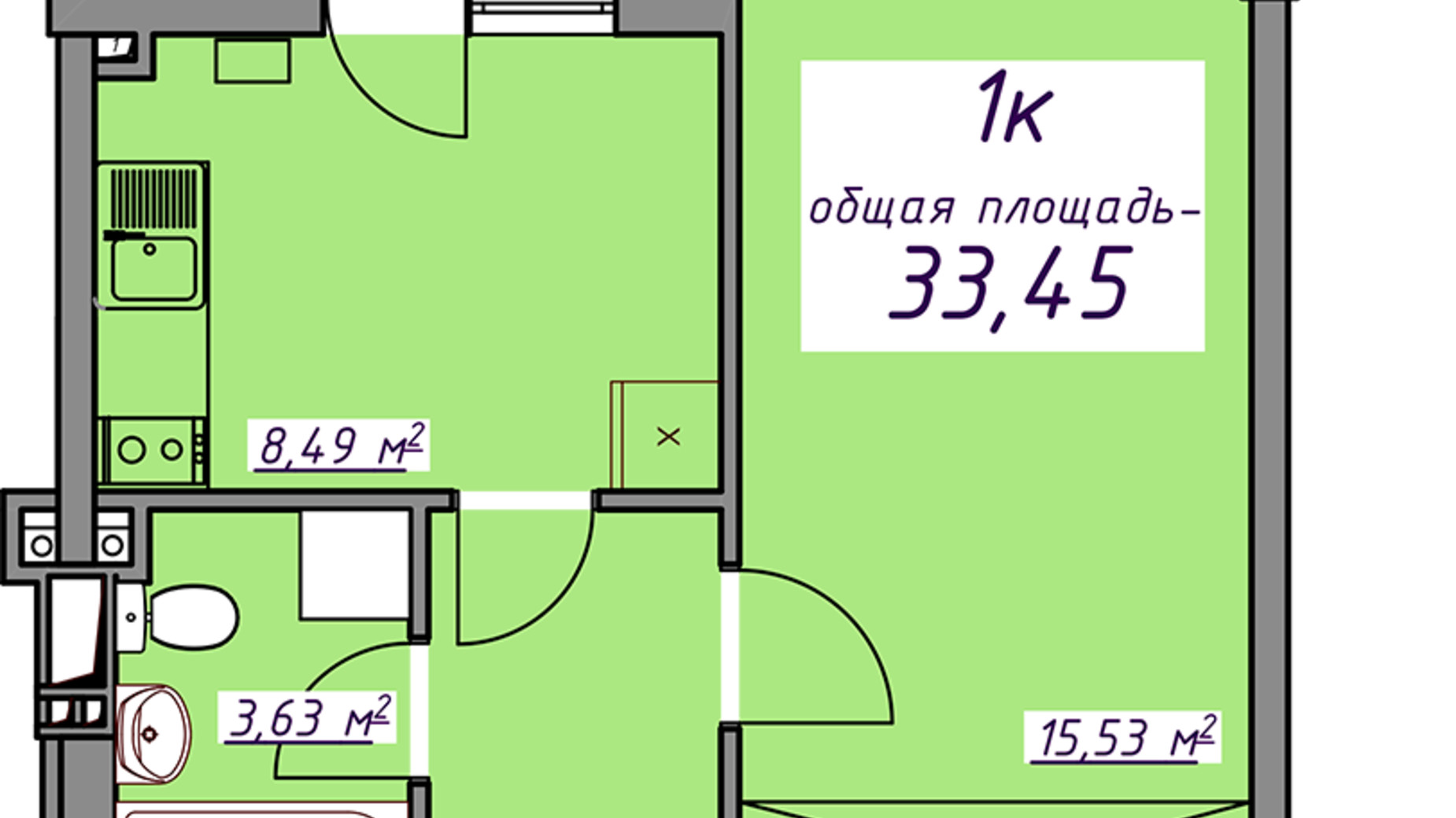 Планировка 1-комнатной квартиры в ЖК Седьмое небо 33.5 м², фото 642059