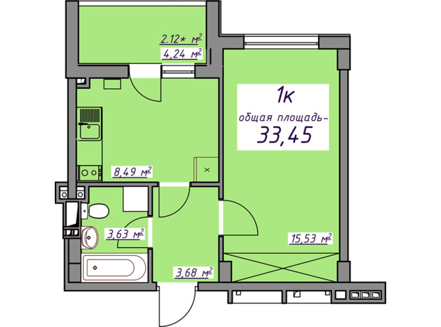 ЖК Сьоме небо: планування 1-кімнатної квартири 33.5 м²