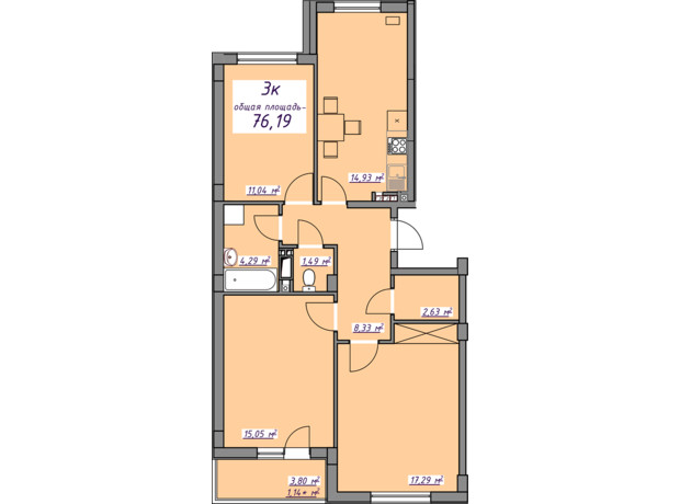 ЖК Сьоме небо: планування 3-кімнатної квартири 76.19 м²