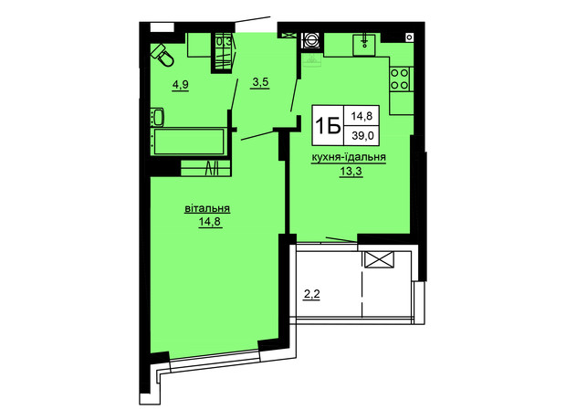 ЖК Варшавский deluxe: планировка 1-комнатной квартиры 39 м²