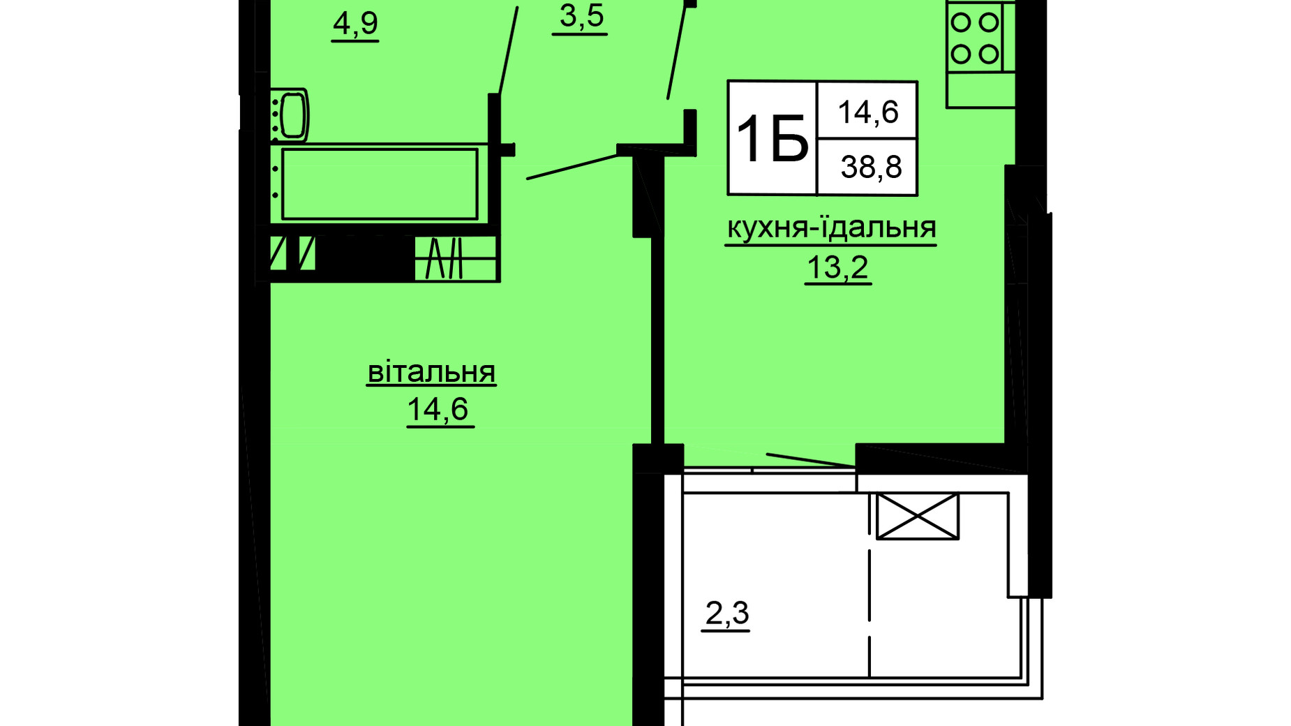 Планування 1-кімнатної квартири в ЖК Варшавський deluxe 38.8 м², фото 642097