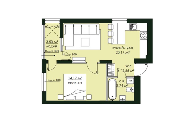 ЖК Бетховен: планировка 1-комнатной квартиры 44.14 м²