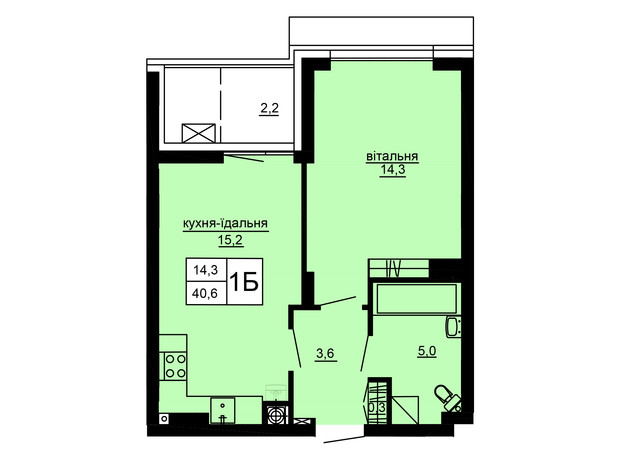 ЖК Варшавський deluxe: планування 1-кімнатної квартири 40.6 м²