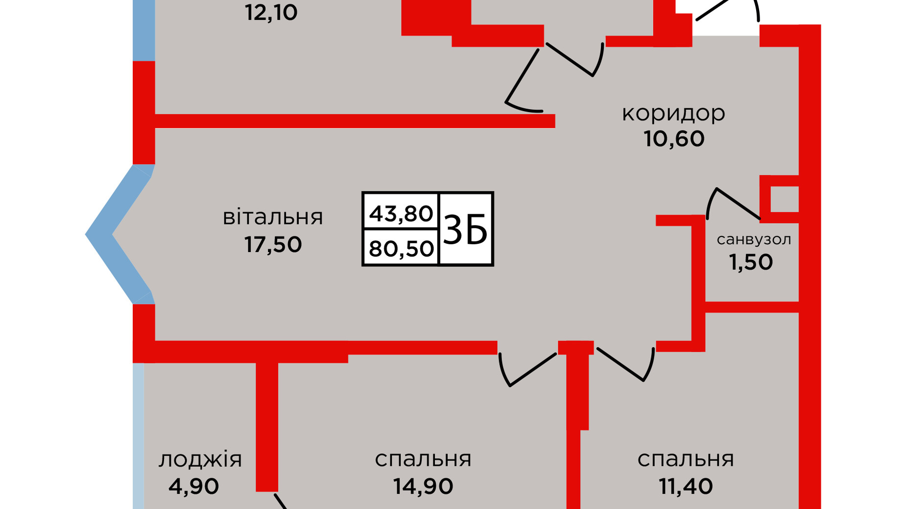 Планування 3-кімнатної квартири в ЖК Варшавський мікрорайон, 8 черга 80.5 м², фото 642195