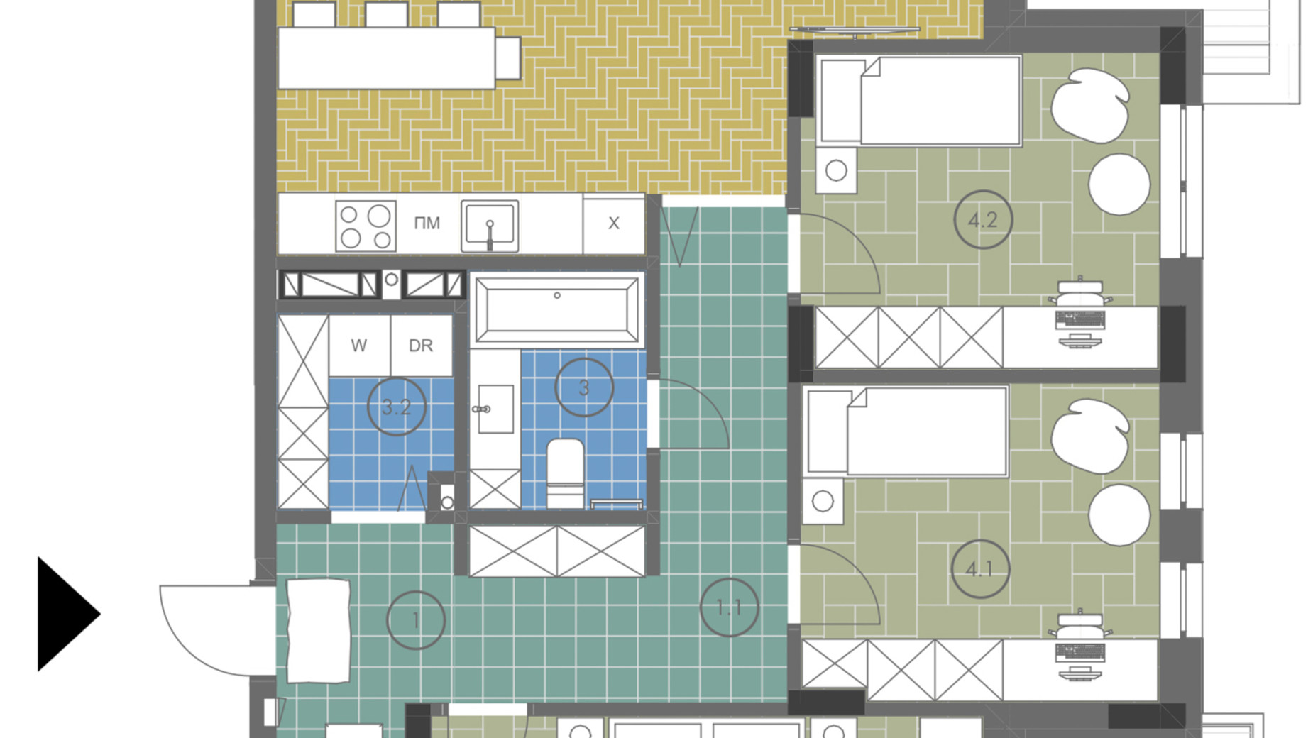 Планировка 3-комнатной квартиры в ЖК Gravity Park 106.37 м², фото 642401