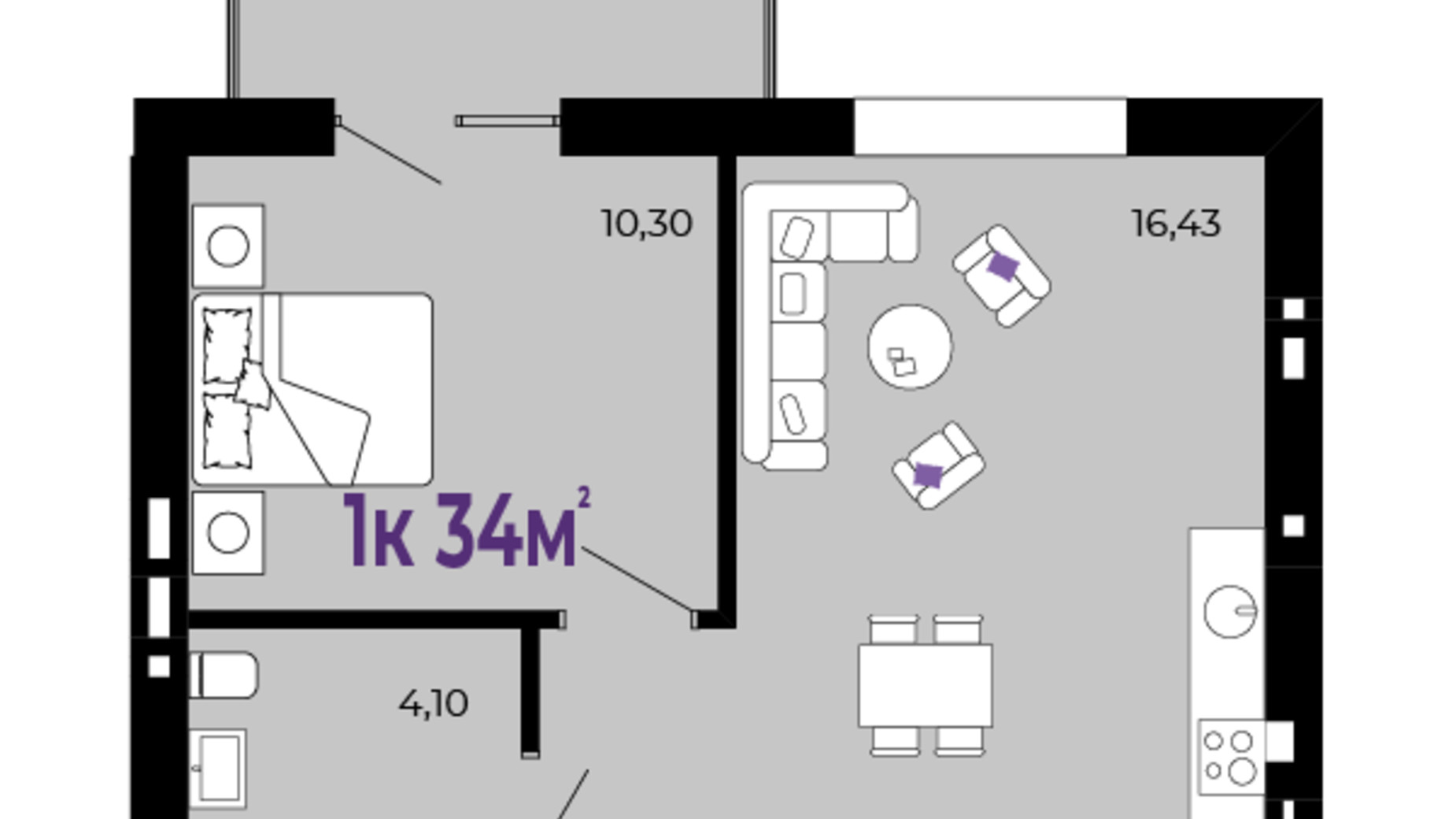 Планування 1-кімнатної квартири в ЖК Долішній 34 м², фото 642640