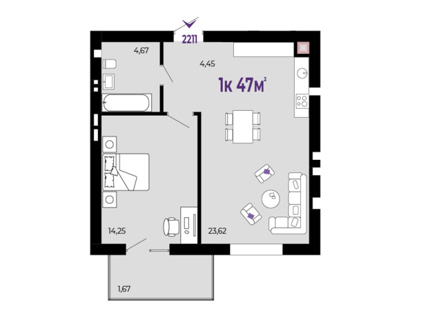 ЖК Долішній: планування 1-кімнатної квартири 47 м²