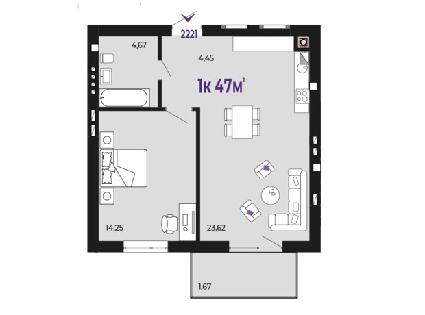 ЖК Долішній: планировка 1-комнатной квартиры 47 м²