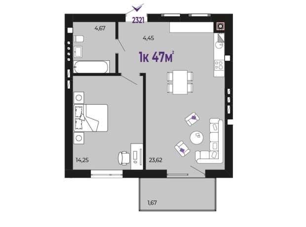 ЖК Долішній: планування 1-кімнатної квартири 47 м²
